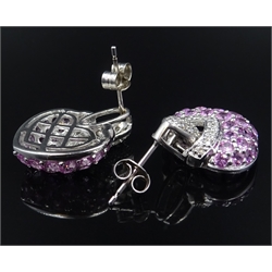  Pair of 18ct white gold pink sapphire and diamond heart shaped articulated ear-rings, stamped 750  