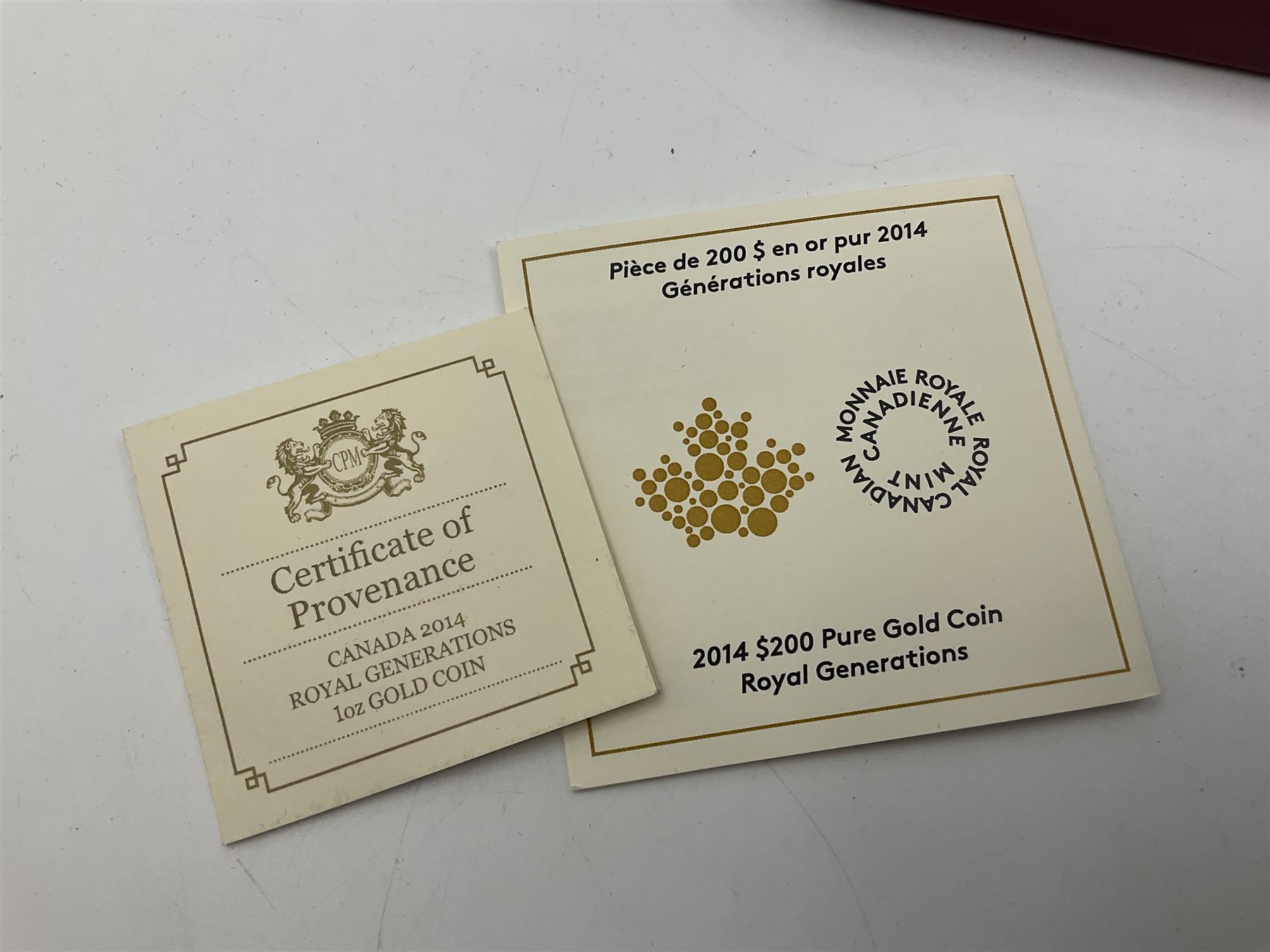 Royal Canadian mint 2014 'Royal Generations' two-hundred dollars fine gold coin, weight 31.16 grams, cased with certificate