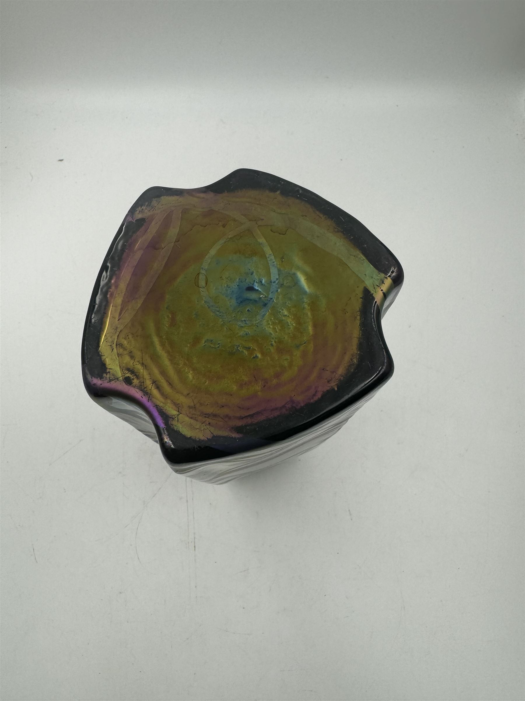 Austrian Art Nouveau Pallme-Konig vase, the tapering triangluar iridescent black glass body with irregular matt thread decoration, H26cm