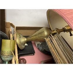 20th century Postilion brass and agate carriage clock with bevelled glass panel, H13cm, Peugeot Freres coffee grinder, silver-plate, figures, quantity of vinyl records, four The Works of William Shakespeare pub Odhams Press, brass lamp etc in three boxes