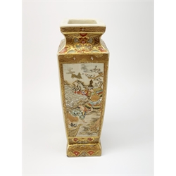 A late 19th century Japanese Satsuma vase, of slightly tapering square form, painted with figural panels and heightened with gilt throughout, H20.5cm.