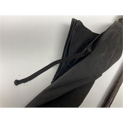 Early 20th century curved horn handle walking stick with hallmarked silver mounts, engraved L Russell 1918, together with a shooting stick by William Mills Birmingham, with leather handle, 'The Featherwaite' shooting stick and an umbrella with wooden handle