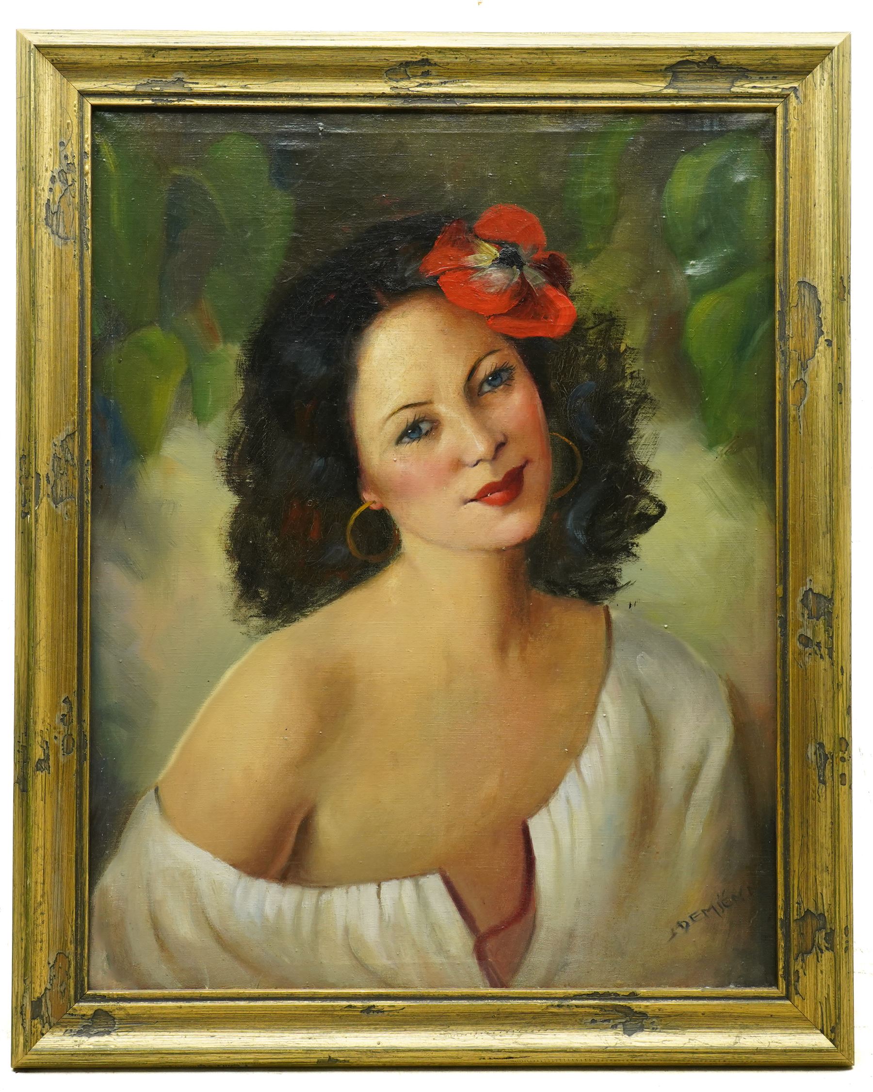 László Demjén (Hungarian 1864-1929): Portrait of a Girl with Flowers in her Hair, oil on canvas signed 59cm x 46cm