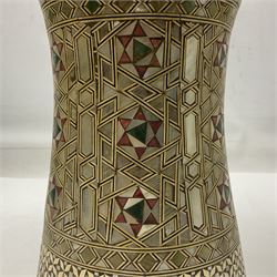 Egyptian tabla drum, the clay body with Moorish mosaic style all over mother-of-pearl and bone inlay, and fitted with animal skin head; bears script label H41cm; in original carrying case with script plaque