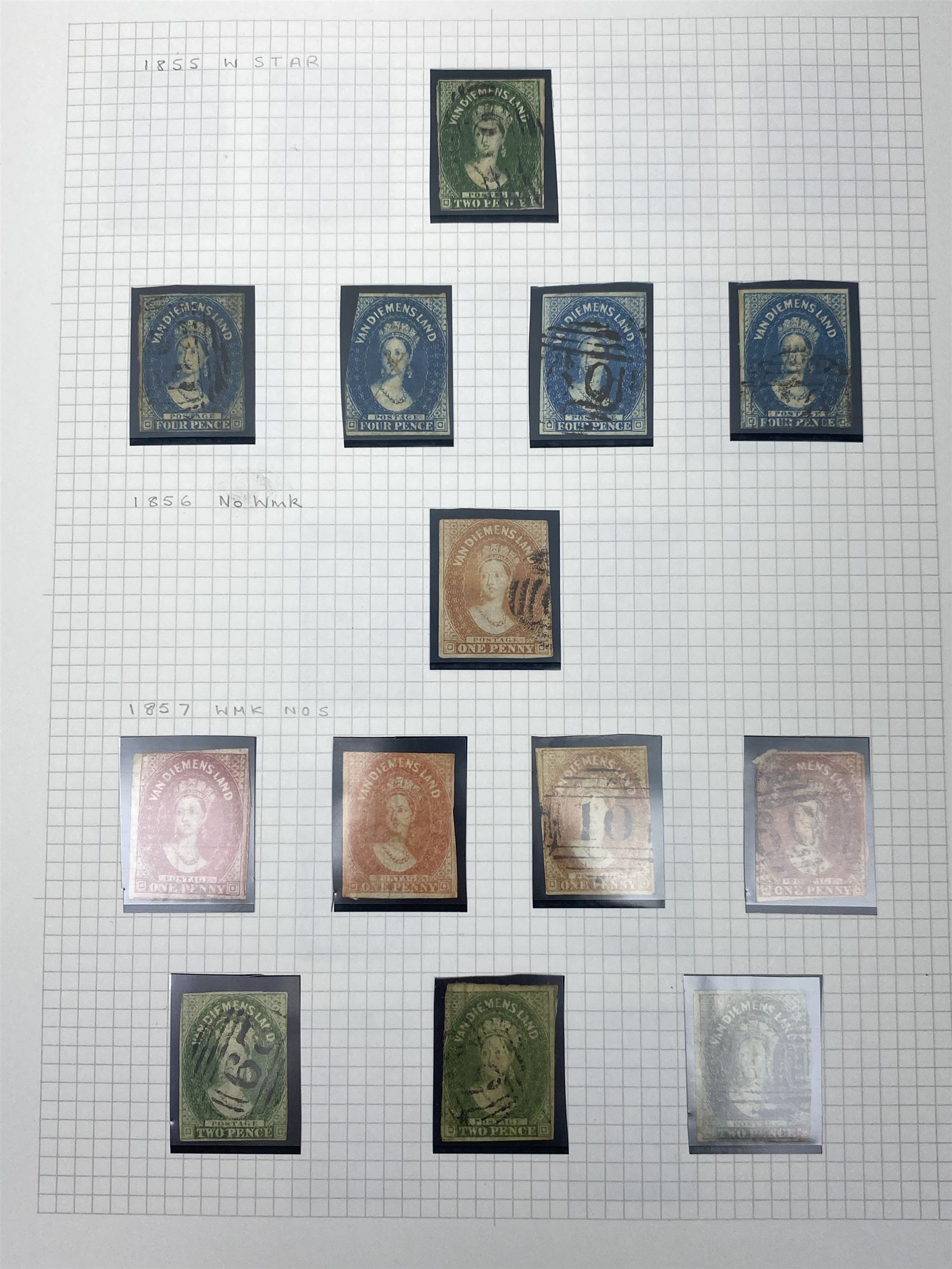 Van Diemen's Land (Tasmania) Queen Victoria and later stamps, including 1853-4 one penny and four penny stamps, 1855 two pence and four pence, 1856 one penny, 1857 various values, 1864-80 various perf issues etc, housed on pages