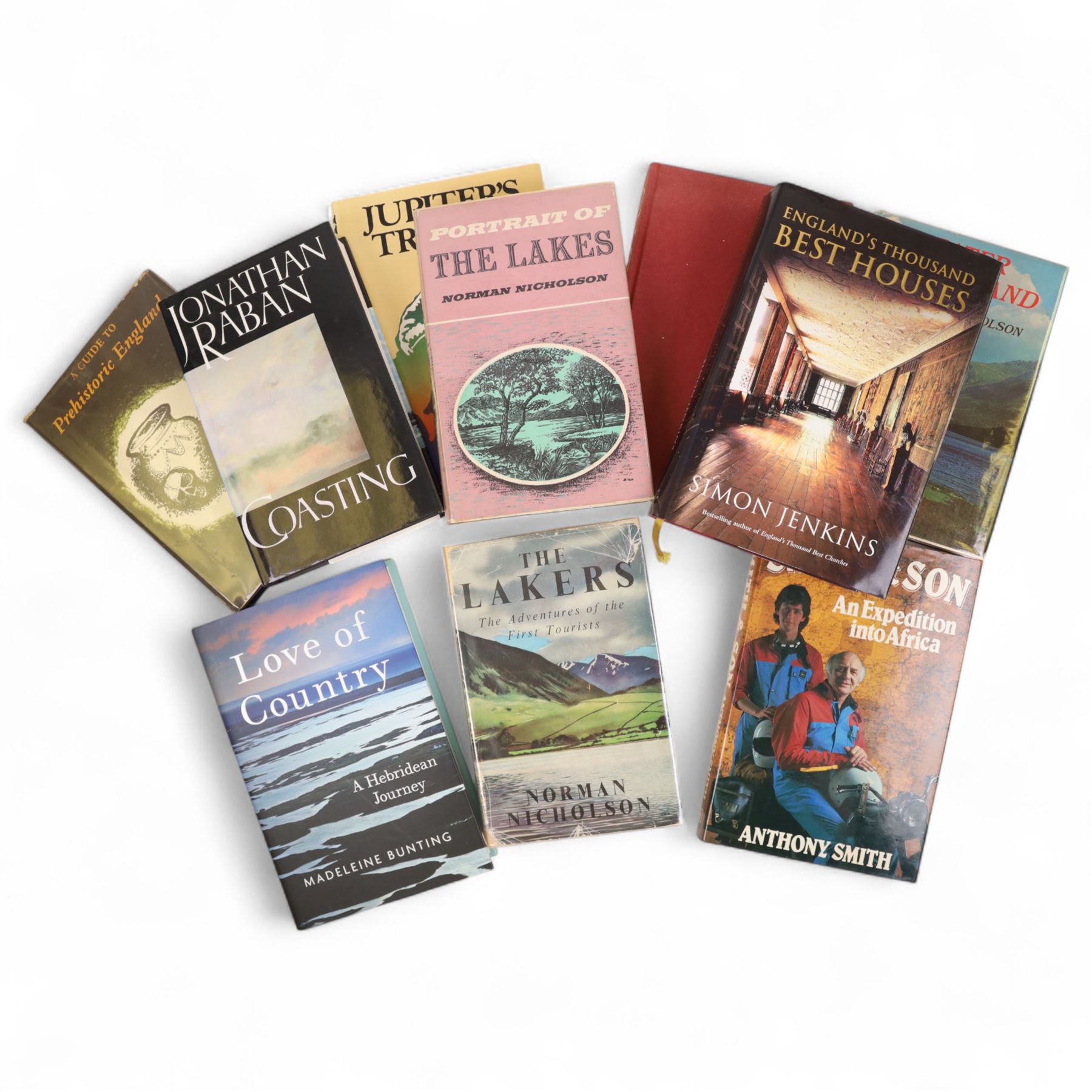 Ten travel related books, including Ted Simon Jupiter's Travels, On Tour The British Traveller in Europe, Norman Nicholson The Lakers, Greater Lakeland and Portrait of the Lakes and Nicholas Thomas A Guide to Prehistoric England
