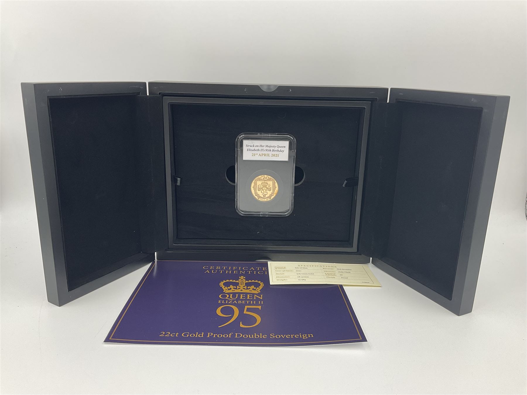 Queen Elizabeth II Isle of Man 2022 'Struck on Her Majesty Queen Elizabeth II's 95th Birthday' gold proof double sovereign coin, cased with certificate 