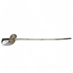 17th Lancers 1899 cavalry sword, with L83cm single-edged slightly curved blade, top of blade etched '30E 66/', broad sheet steel guard stamped '2/1901 17L 72' with black fish-skin grip, in steal scabbard, overall L100cm   

