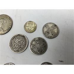 Three Queen Victoria double florins dated 1889 and two 1890, 1887 florin, George II 1746 Lima and other Great British silver coins 