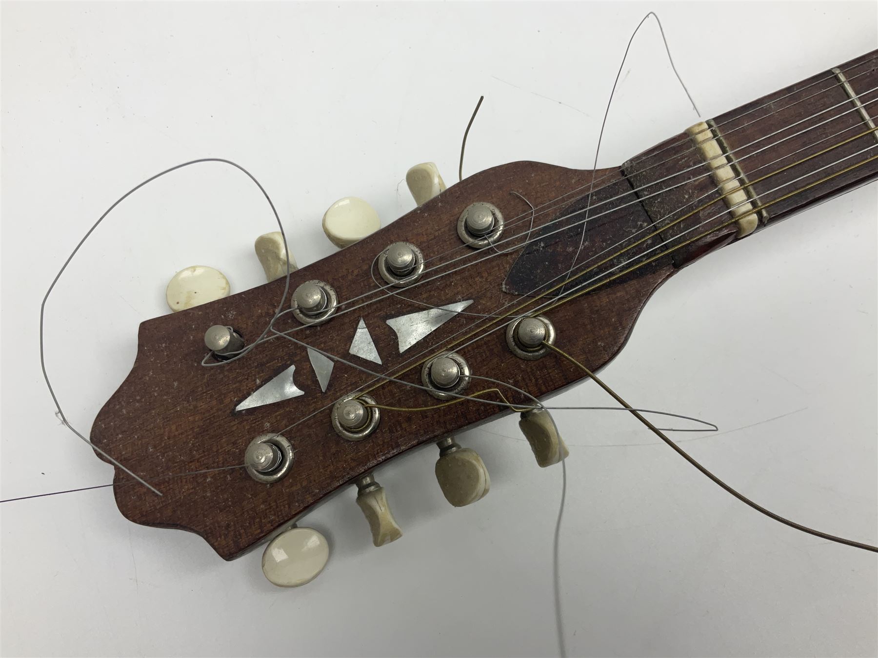Italian bouzouki type long necked mandolin with segmented lute back and spruce top with tortoiseshell style panels; bears label 'Miroglio & Figli Sicilia Catania Italia' L99cm; and Italian lute back mandolin with segmented back and spruce top bearing label for F. De Mureda Napoli (2)