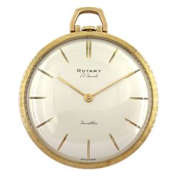 Rotary 9ct gold keyless slimline pocket watch, 17 jewels movement, silvered dial with baton hour markers
