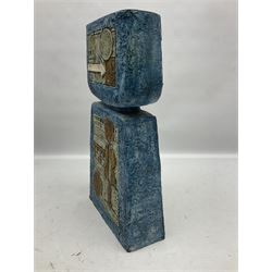 Large Troika double base vase, decorated with geometric design upon a blue ground, designed by Annette Walters, with painted marks beneath, H36cm  