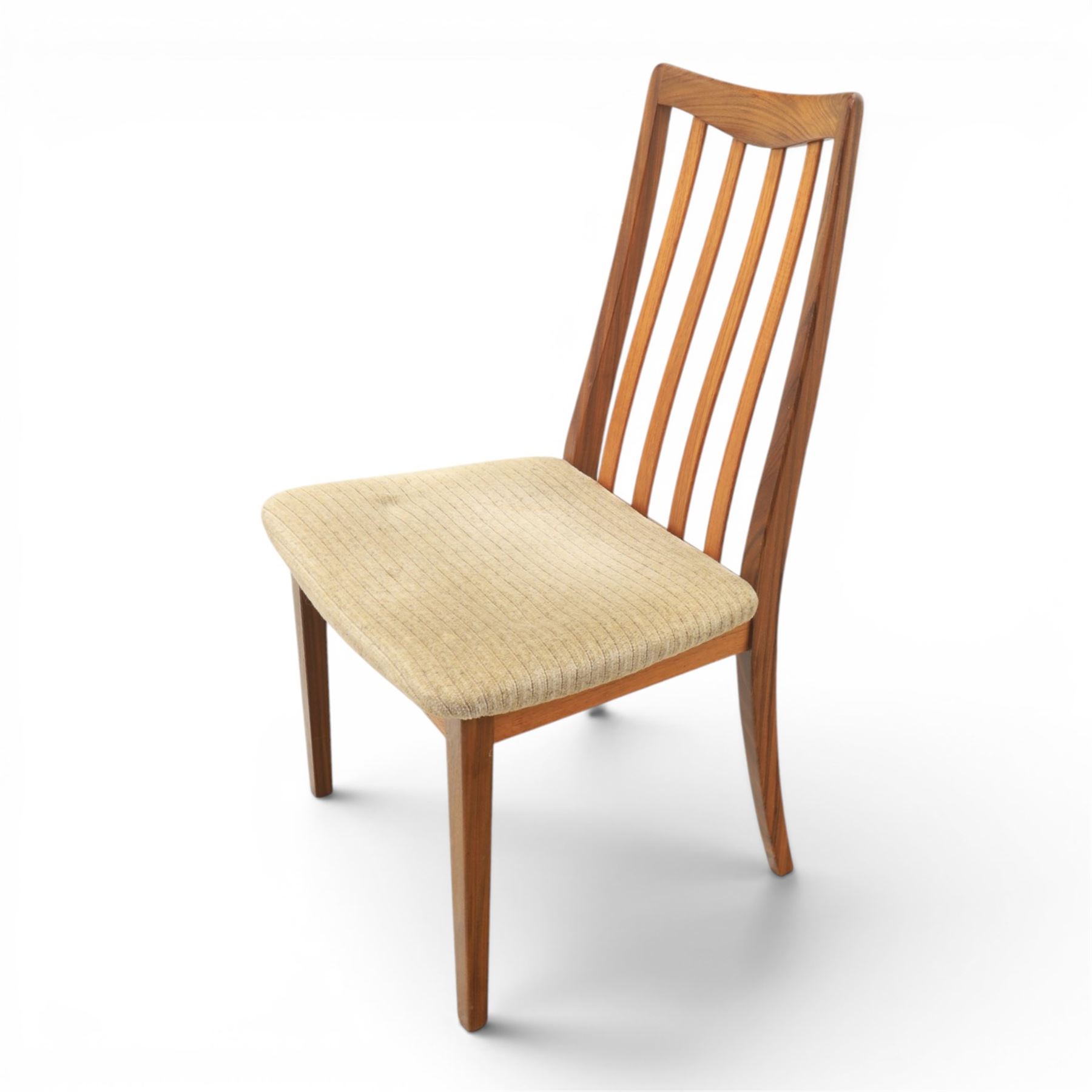 G-Plan - mid-20th century teak 'Fresco' circular extending dining table and six chairs, circular top with storable fold-over leaf extending to 166cm