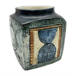 Troika cube vase, designed by Sally Bart, with a geometric design, with painted marks to base, H9.5cm.