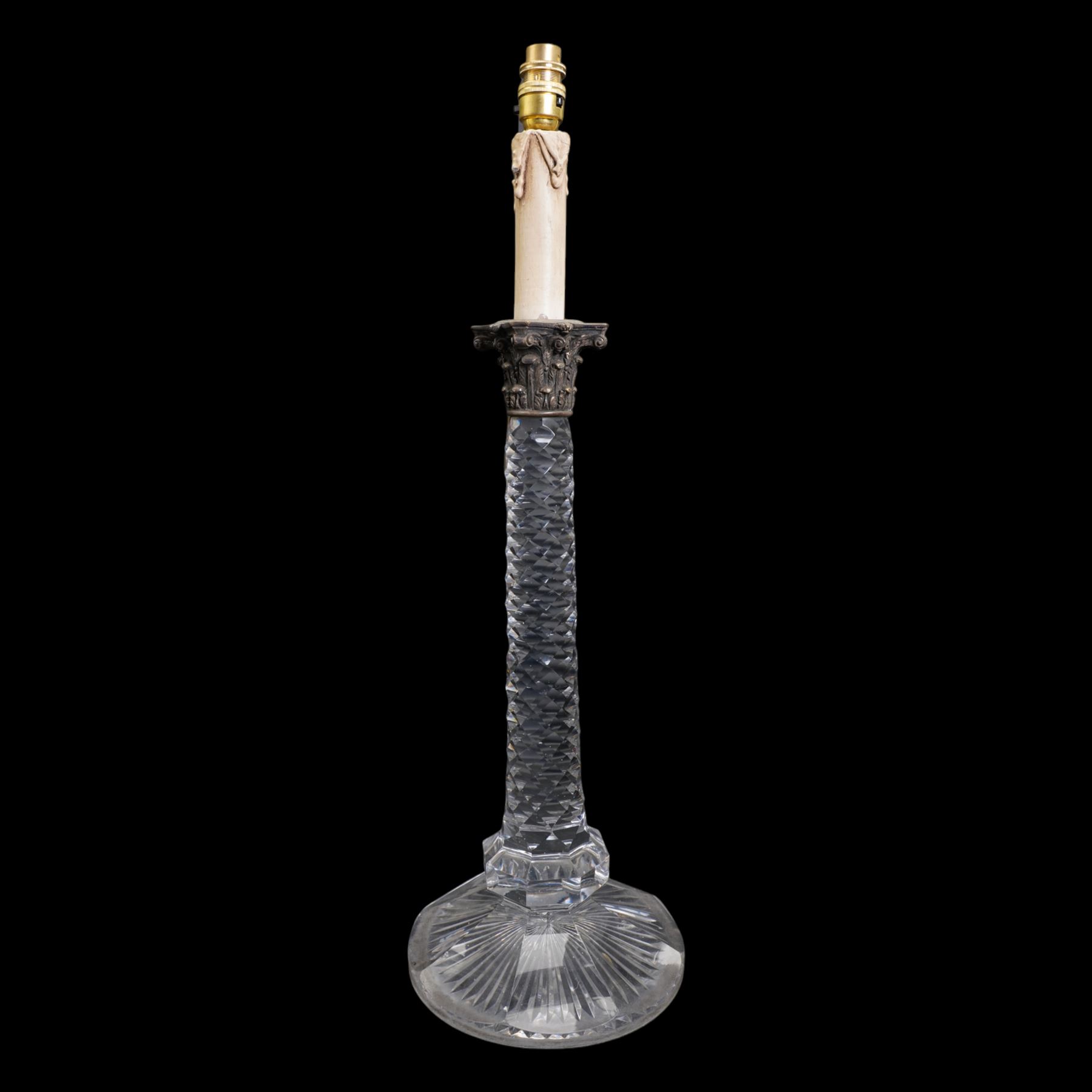 Near pair of large 19th century cut glass table lamps, each of columnar form with diamond cut tapering stem and silver plated Corinthian capital, raised upon a circular faceted foot (one slightly smaller), H71cm overall 
