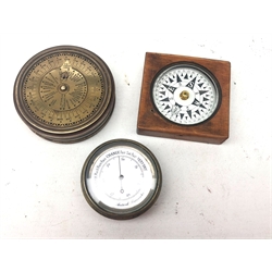  Pocket brass cased Aneroid Barometer, mahogany cased compass and a reproduction 'Stanley' brass cased compass (3)  