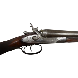  SHOTGUN CERTIFICATE REQUIRED Purdey 12-bore side-by-side double barrel hammer action shotgun, the walnut stock with chequered fore-end and steel butt plate, scroll chased trigger guard and action marked Purdey to either side No.5729, 72.5cm barrels stamped 39307, 114cm overall, in Holland & Holland leather trimmed canvas shoulder of mutton case  