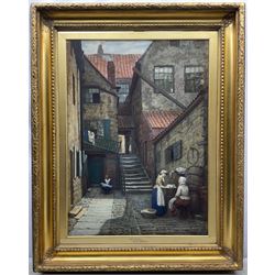 Elias Mollineaux Bancroft (British 1846-1924): 'Arguments Yard - Old Whitby', watercolour and gouache signed titled and dated 1883, further titled signed and dated with artist's address '30 Plymouth Grove Manchester' verso 76cm x 55cm
