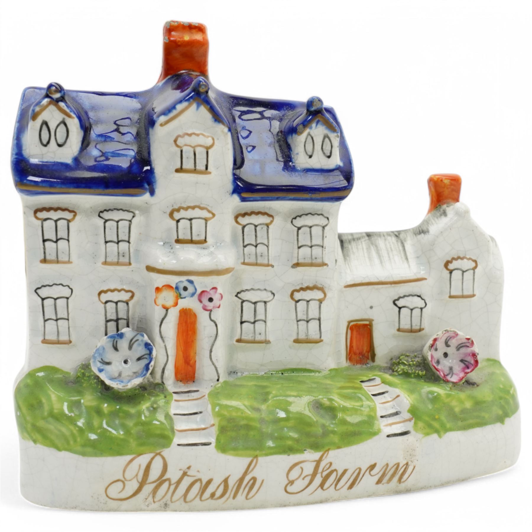 Collection of Staffordshire figures, to include a pair depicting Princess Victoria Adelaide Mary Louise, later Empress of Prussia and her brother King Edward VII as children riding goats, and others comprising Colonel Peard, Returning Home and Potash Farm (5)