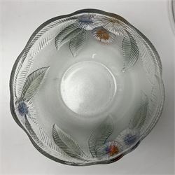 Two French pressed glass bowls of shallow circular form, relief moulded with flowers and foliage, together with a matching charger, largest bowl D34cm  