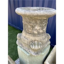 Composite stone rectangular planter, decorated with fruit swags (W54cm), circular composite planter, eight circular composite stepping/pathway stones, Corinthian type plinth, etc. - THIS LOT IS TO BE COLLECTED BY APPOINTMENT FROM DUGGLEBY STORAGE, GREAT HILL, EASTFIELD, SCARBOROUGH, YO11 3TX