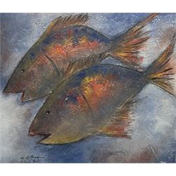 G M Buana (Balinese 20th century): 'Ubud Bali' Fish, mixed media signed and titled 36cm x 42cm