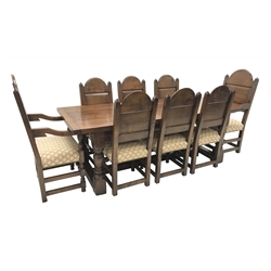 Bylaws Furniture - traditional oak plank top refectory dining, four turned supports connected by H-shaped stretcher (215cm x 89cm, H76cm), and set eight (6+2) dining chairs, stepped arched panelled backs, upholstered seats, turned supports and stretchers