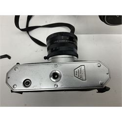 Seven SLR cameras, including Pentacon FB, serial no 163607, with Carl Zeiss Jena Tessar 2.5/50 lens, serial no 5750935, a Zorki 4K serial no 76905895, with Jupiter 8 2/50 lens and a Minolta SR-7 serial no 2175093 etc
