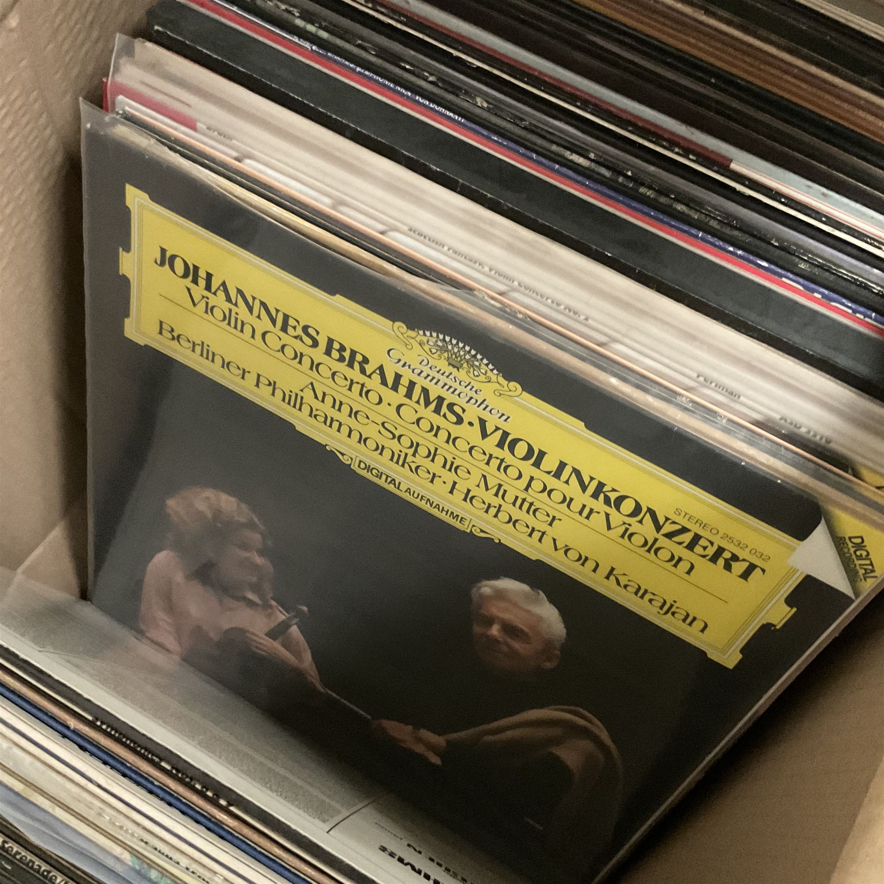 Collection of vinyl LP records in four boxes, mainly Jazz and Classical including Piano Rags by Scott Joplin, Sarah Vaughn, Duke Ellington and His Orchestra and Louis Armstrong, etc