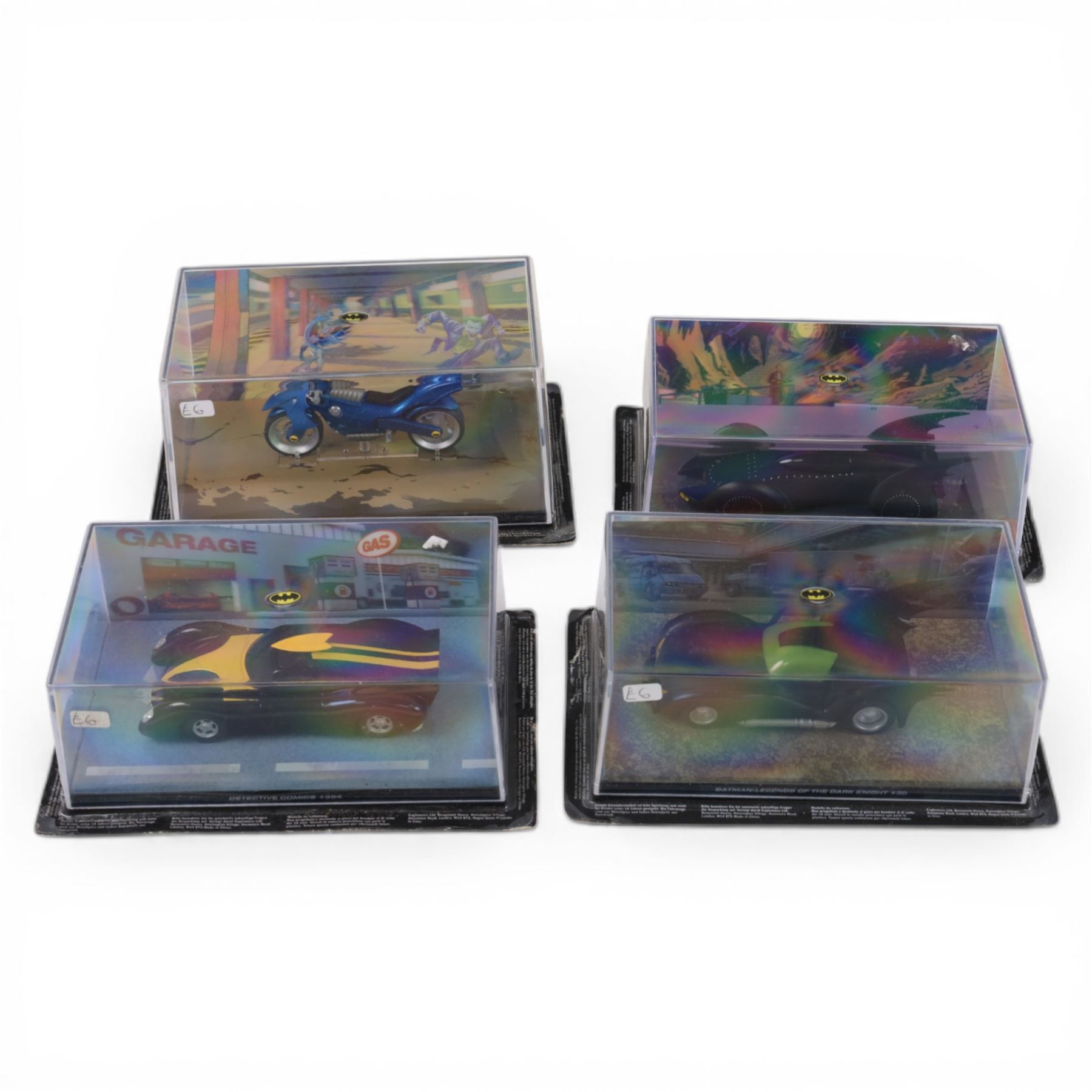 Collection of Eaglemoss Batman vehicles, in acrylic display cases
