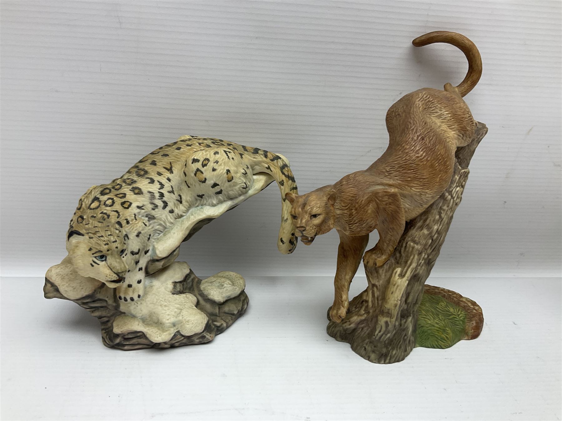 Ten Franklin Mint National wildlife Foundation Big Cats of the World figures to include, White Bengal Tiger, Jaguar, Cougar, Cheetah, Clouded Leopard etc, with display stand