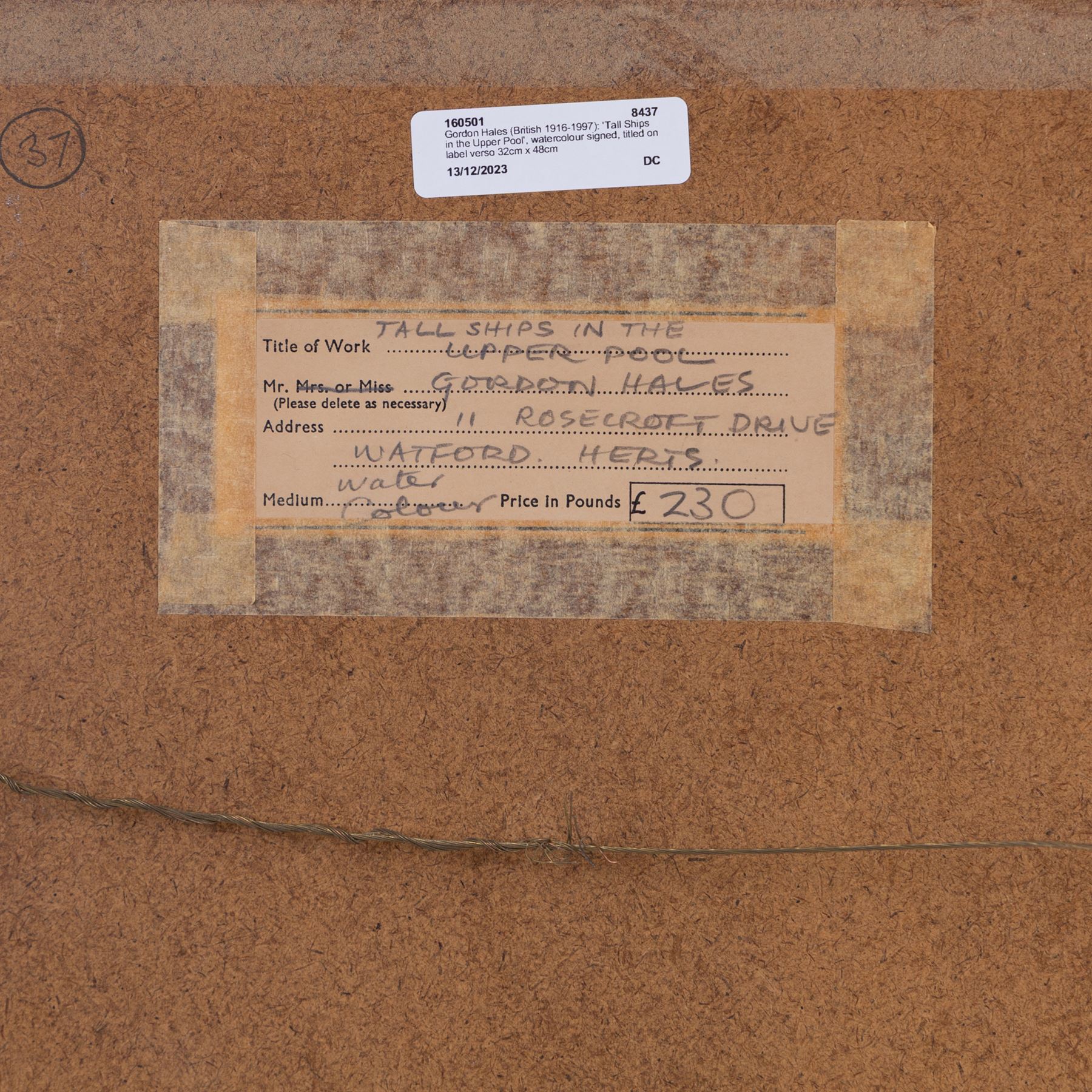 Gordon Hales (British 1916-1997): 'Tall Ships in the Upper Pool', watercolour signed, titled on label verso 32cm x 48cm 