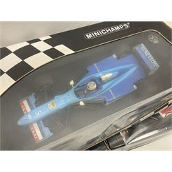 Three Minichamps 1:18 scale die-cast racing cars - Bar 01 Supertec R. Zonta 1999; Benetton b197 Renault G. Berger; and Benetton F1 G. Fisichella; all boxed (3)