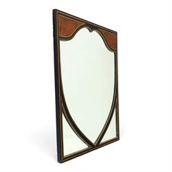 Edwardian mahogany heart-shaped wall mirror, bevelled mirror plate within a shaped frame, the rectangular surround decorated with satinwood crossbanding and burr walnut veneers, applied gilt decoration with hooks for hanging
