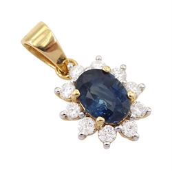 18ct gold oval cut sapphire and round brilliant cut diamond cluster pendant, sapphire approx 1.15 carat
