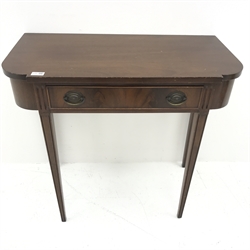 Georgian style mahogany side table, single drawer, square tapering supports, W82cm, H76cm, D41cm
