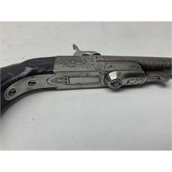 Mid-19th century French Boissy 12mm single barrel pin-fire pistol, the 9.5cm rifled barrel with brown stub twist damascus decoration, side screw under lever opening and English proof marks, retailed by H. Akrill Beverley, chased action with drop-down trigger and carved walnut stock L21cm