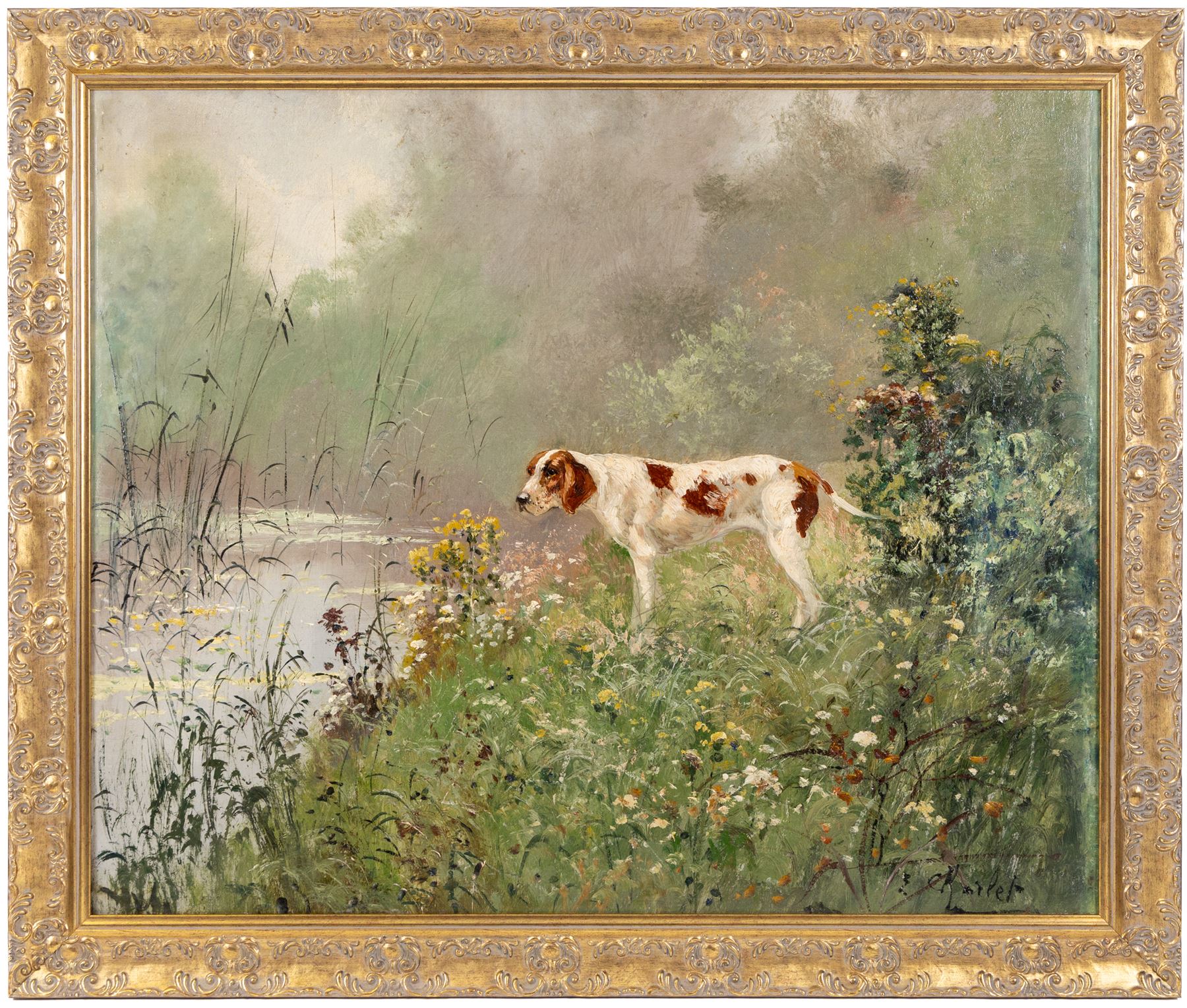 Émile Charlet (Belgian 1851-1910): Setter at the Riverside, oil on canvas laid on to board signed 59cm x 72cm