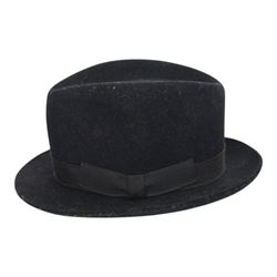 Two Attaboy tradesman or miniature trilbies, in black miniature hat boxes, one with a certificate 'Believe it or not! this miniature 'Attaboy' is half the size of an ordinary 'Attaboy' hat' together with a miniature flat cap, trilby H7cm     