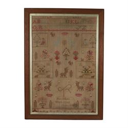 Early 19th century sampler, by Ann Elliott, 'Work Aged', dated 1819, worked with alphabet ...