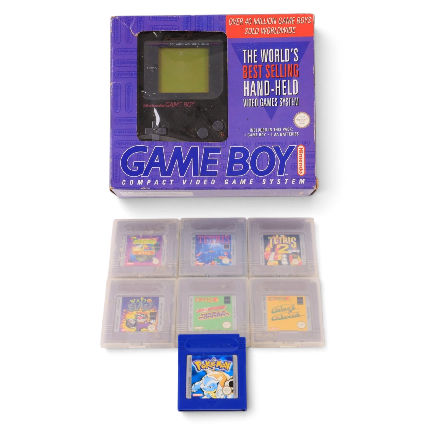 Nintendo Gameboy handheld game console in black, boxed, with seven games comprising Pokemon Blue, Arcade Classic 3: Galaga and Galaxian, Tetris, Tetris 2, Wario Blast, Arcade Classics Super Breakout Battlezone and Arcade Classics 1 Asteroids and Missile Command, all unboxed