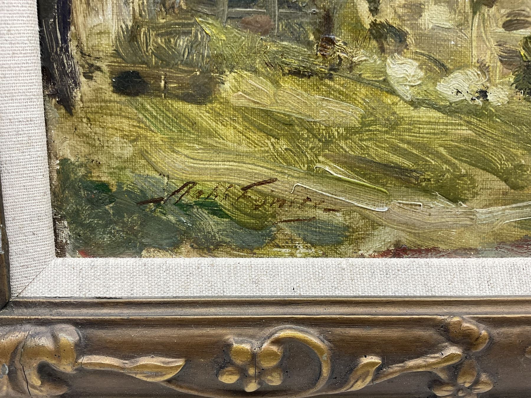 Scottish School (Early 20th century): Country Cottages with Hens and Children, oil on canvas indistinctly signed 39cm x 55cm