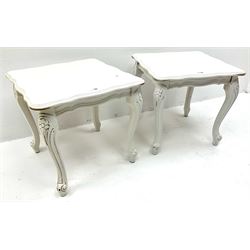 Pair white painted lamp tables, moulded shaped top, cabriole legs