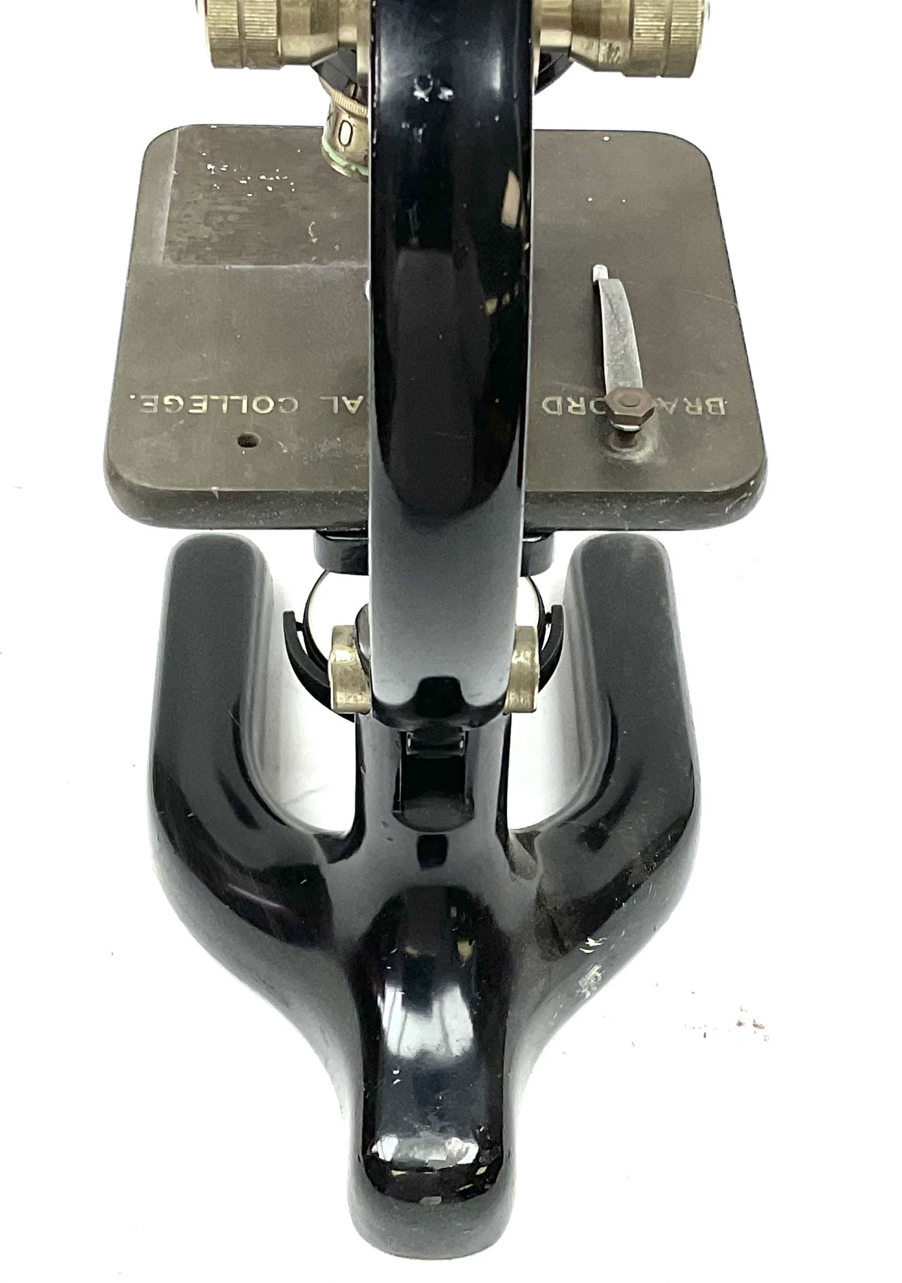 Black finished monocular microscope by Prior London No. 17372,  with pitchfork base and rack and pinion focusing, in original fitted wooden case with additional lenses, H32cm, together with Watts dumpy level, no. 116249, in a leather case