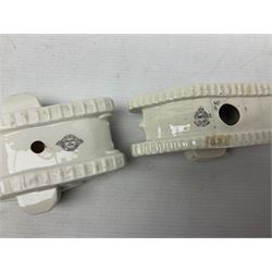 Twelve crested china models of WW1 tanks by Grafton, Arcadian and Carlton china etc with crests from Caistor Lincs, Saffron Walden, Paignton, Evesham etc  , together with a crested china model of the R.M.S Lusitania with New Brighton crest and a two-handled vase for 'The Forts Boxhill' (14)