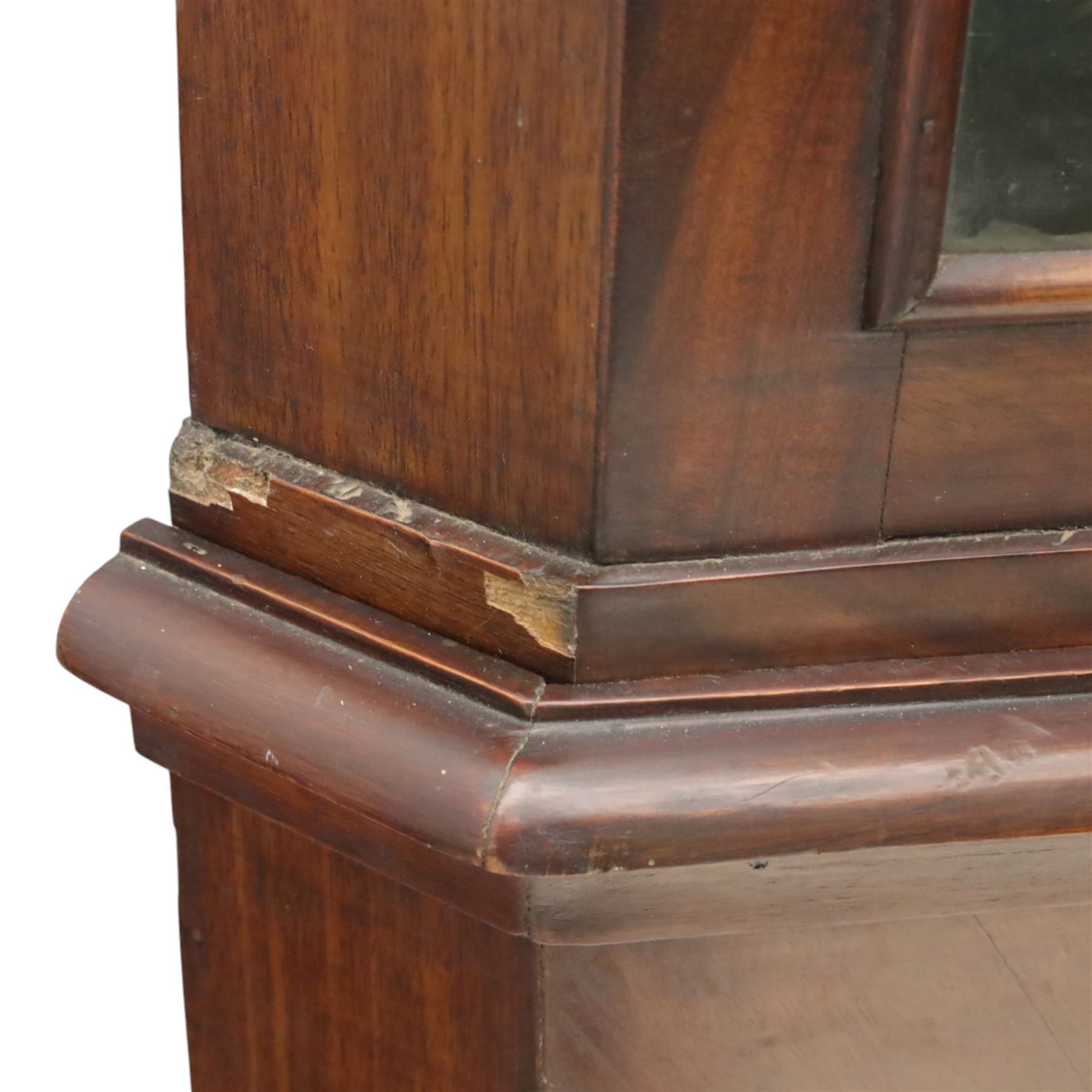 Late 19th century Continental bombe cabinet on chest, shaped moulded cornice with carved cresting, the upper section enclosed by a pair of arched glazed doors with astragal glazing revealing a shelved interior, the lower section fitted with four graduating drawers with rococo-style metal handles, serpentine front and sides, raised on scroll and paw feet
