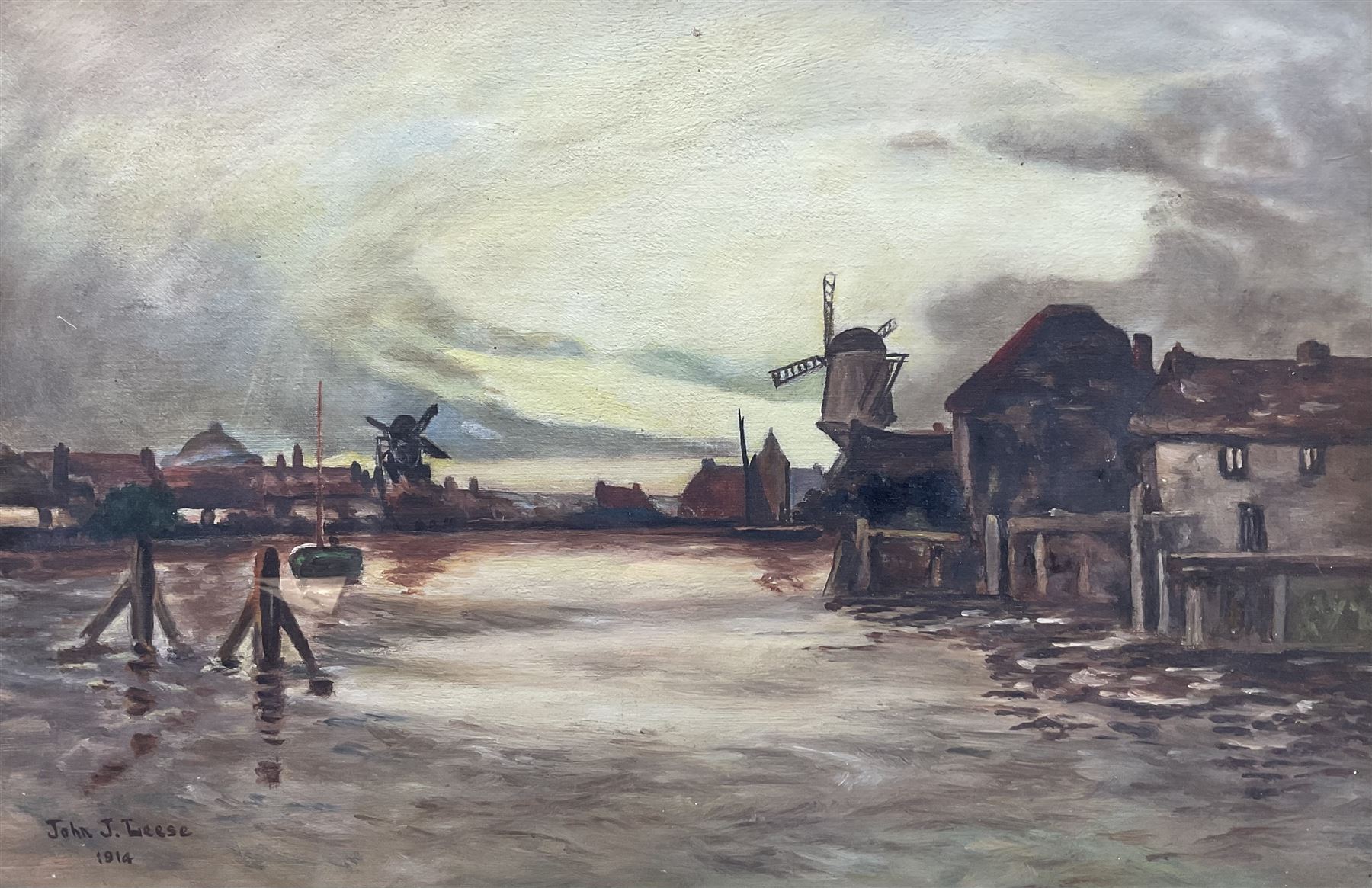 John L Leese (Early 20th century): Dutch Waterway with Windmills, oil on canvas signed and dated 1914, 30cm x 45