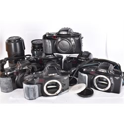 Six Minolta Dynax SLR camera bodies, comprising 800si serial no. 62703606, three 7xi examples, including one boxed example, serial nos. 20106944, 16123311 & 22107553, and two 9xi examples, serial no. 18209901 & 18202113, with three Minolta lenses, including Zoom xi 28-105mm 1:3.5(22)-4.5 lens, AF Zoom 28-85mm 1:3.5 (22)-4.5 lens and an AF Zoom 75-300mm 1:4.5(32)-5.6 lens, Hama carry case and other accessories