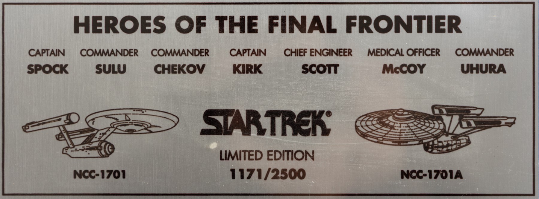 Heroes of the Final Frontier, limited edition autographed photograph, signed by Leonard Nimoy, George Takei, Walter Koenig, William Shatner, DeForest Kelley and Nichelle Nichols, limited edition no. 1171/2500, in a modern black frame, frame H41cm