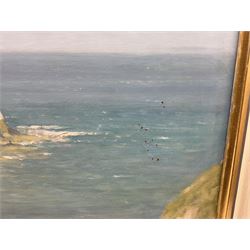 Walter Goodin (British 1907-1992): Panoramic View of 'North Landing Flamborough', oil on board signed, original title label with artist's Bridlington address verso 49cm x 89cm